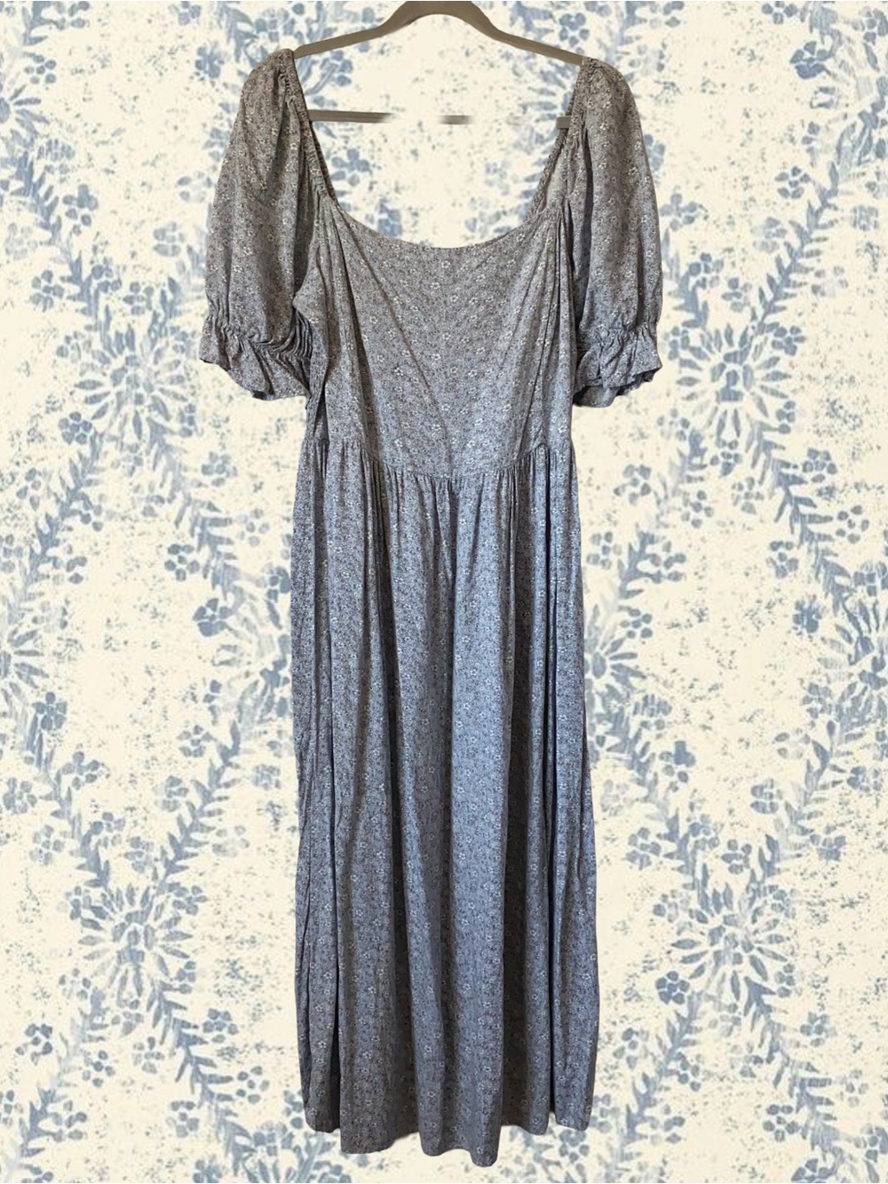 Boho Puff-Sleeve Maxi Dress Blue & White Floral Cottagecore Sz 2XL